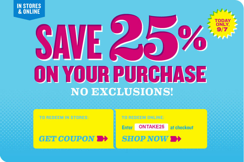 Old Navy: Save 25% Off Your Purchase In-Store or Online (Sept 7 Only)
