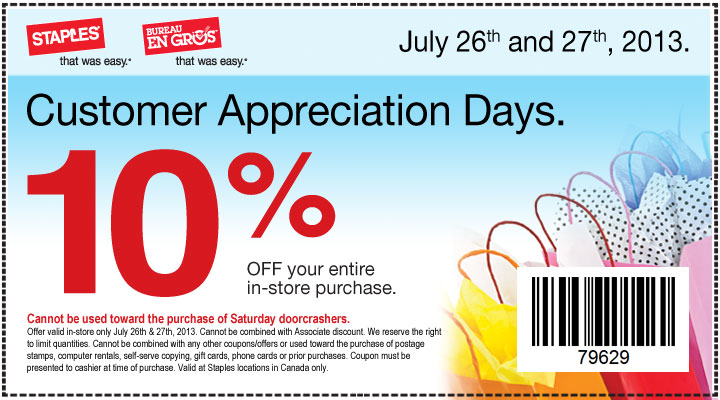 Staples Customer Appreciation Days - 10 Off Entire In-Store Purchase (July 26-27)