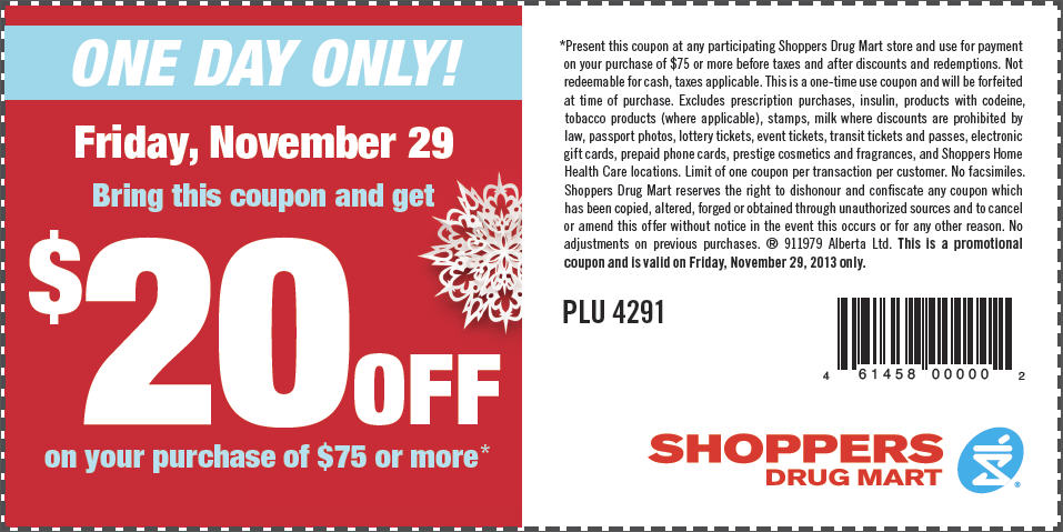 Shoppers Drug Mart Black Friday - $20 Off on your Purchase of $75 (Nov 29)