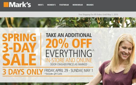 Mark's 20 Off Everything + Free Shipping All Orders (Apr 29 - May 1)